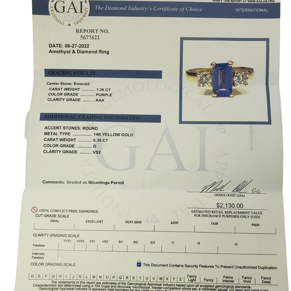 14 Karat Yellow Gold Amethyst and Diamond Ring Size 6 GAI Certified #12083 - Picture 8 of 8